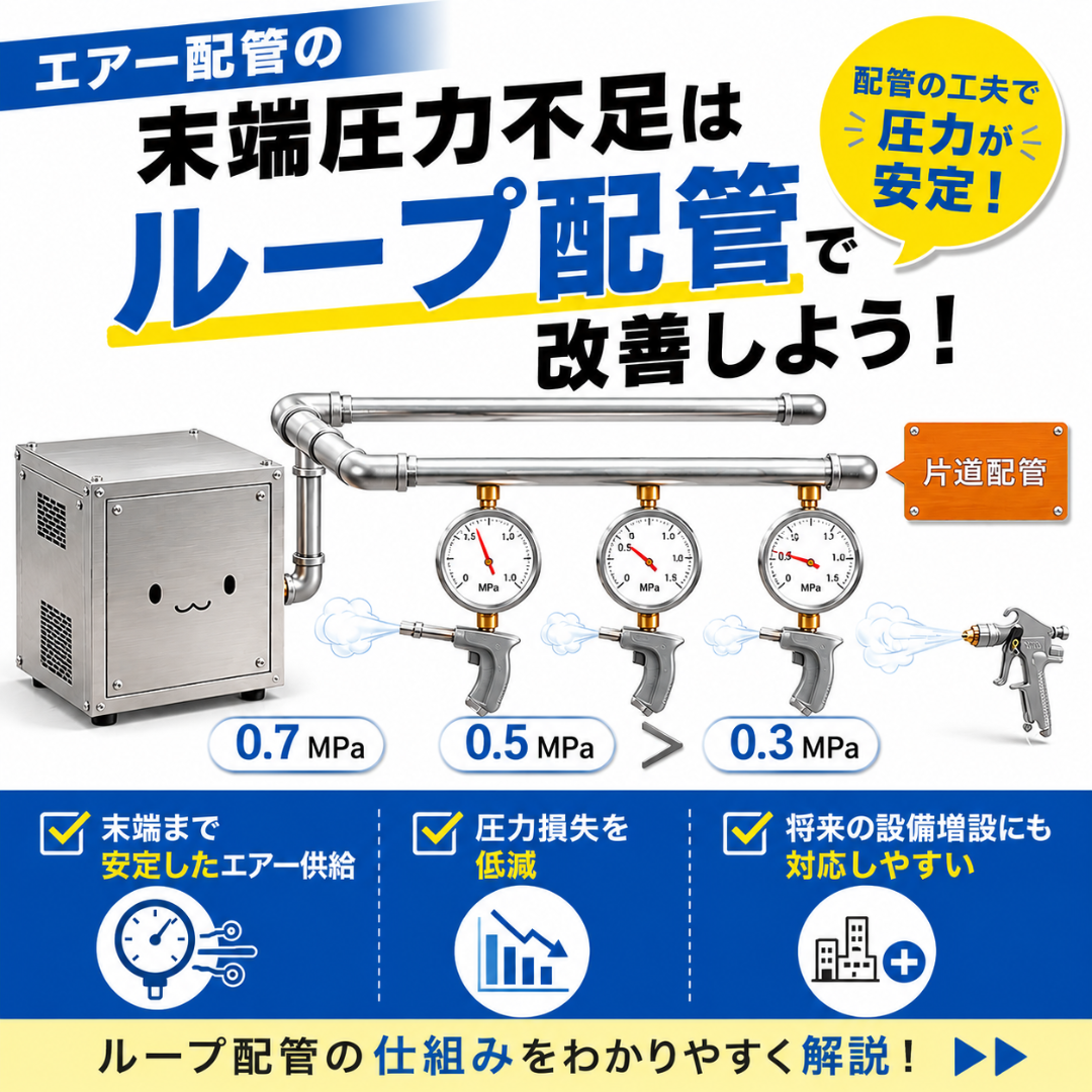 工場のエア配管の末端圧力不足とループ配管による改善の概要
