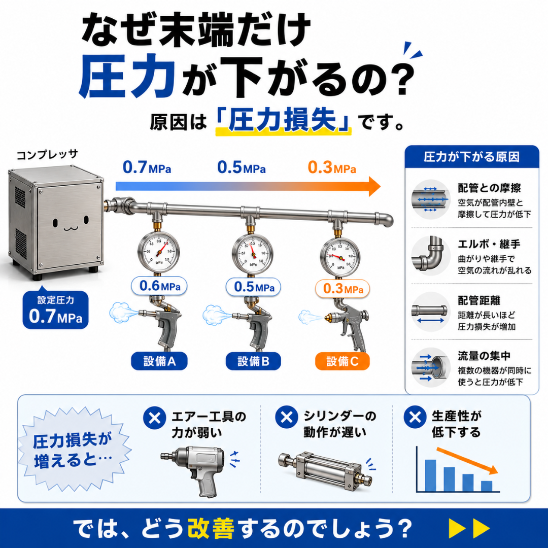 配管の摩擦、曲がり、距離、使用空気量によって末端のエア圧力が下がる仕組み