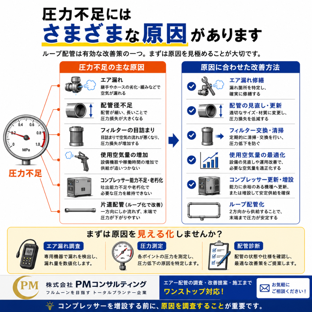 エア圧力不足の原因と、漏れ修理、配管径見直し、フィルター整備、ループ配管化などの対策