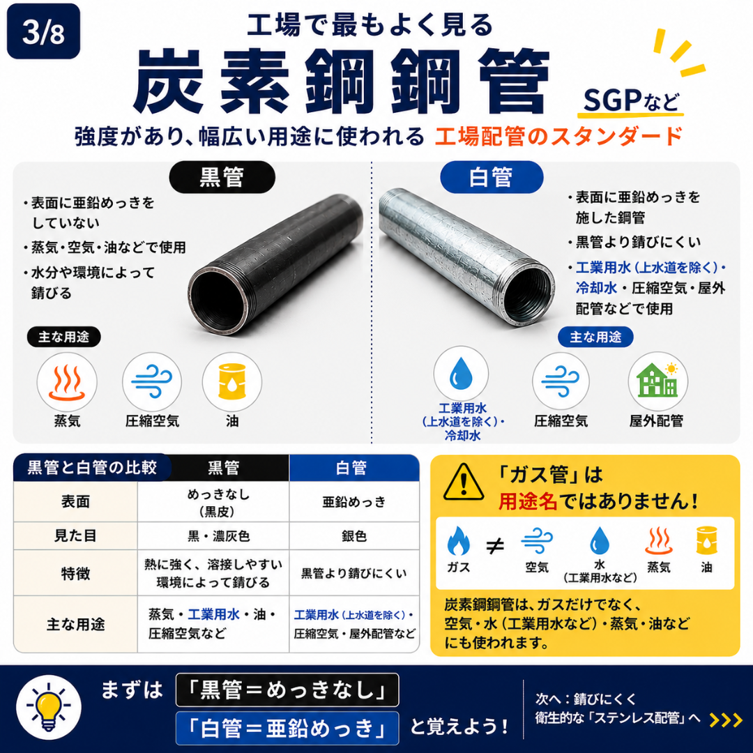 炭素鋼鋼管の黒管と白管の違いと代表的な用途