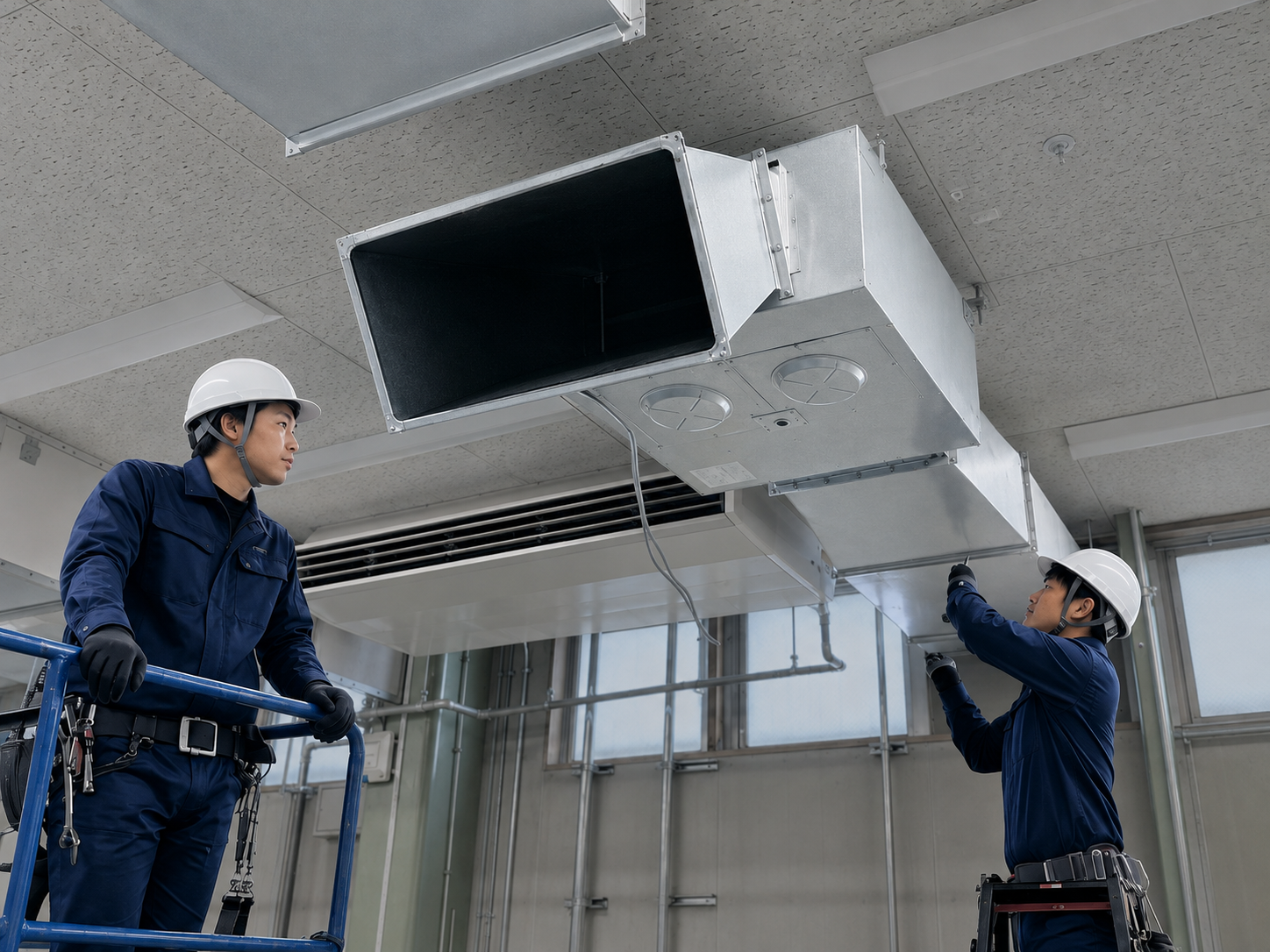 工場内で排気ダクトを取り付ける作業員