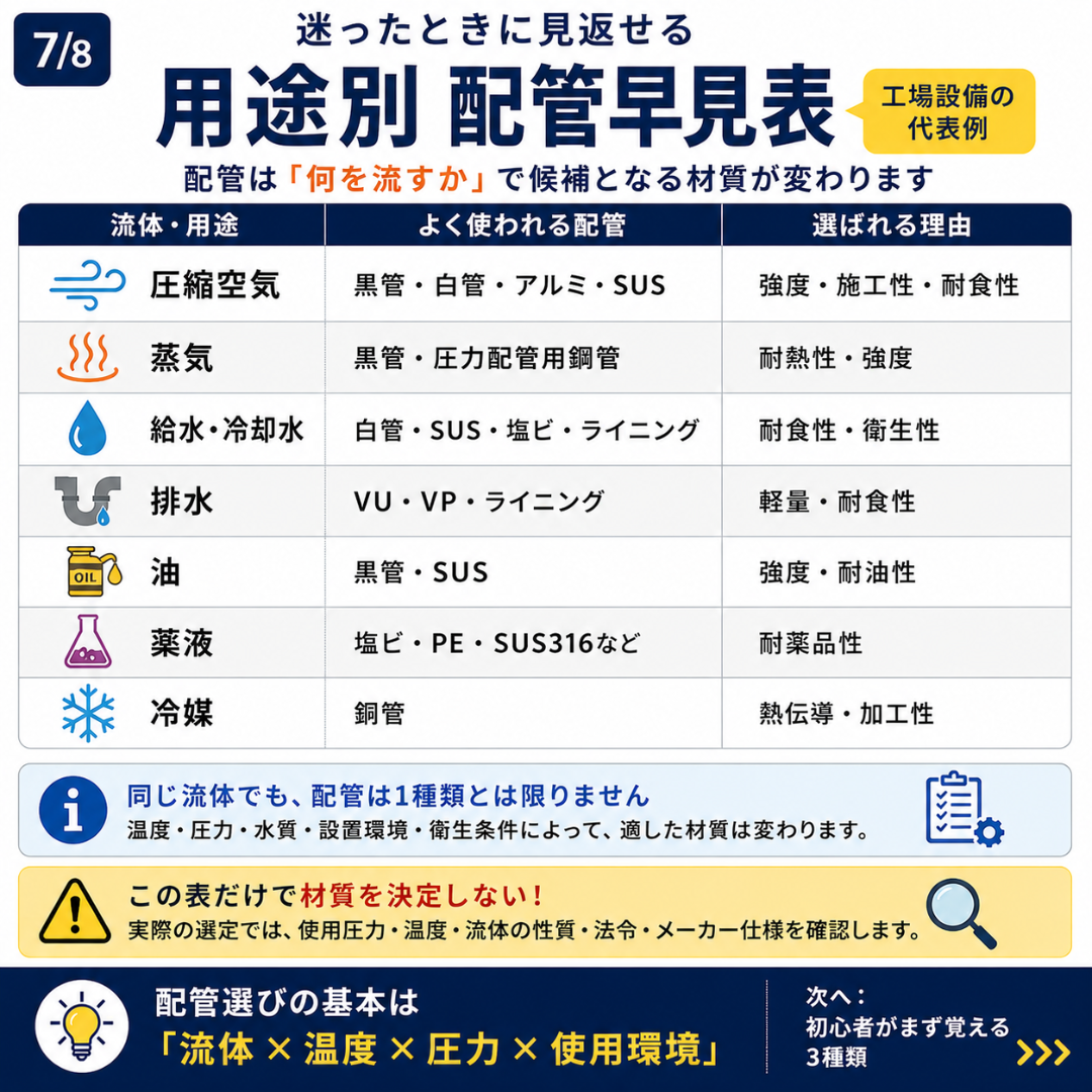 圧縮空気・蒸気・給水・排水・油・薬液・冷媒の配管材早見表