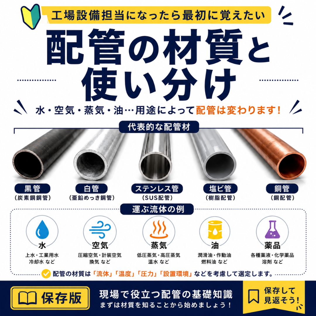 工場配管の代表的な材質と、水・空気・蒸気・油・薬品の用途