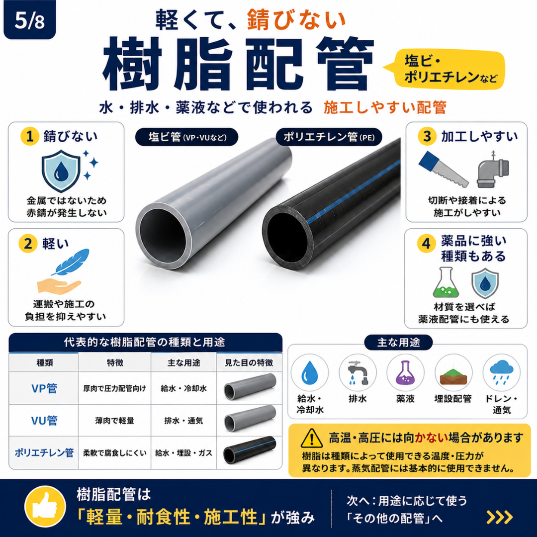 塩ビ管VP・VUとポリエチレン管の特徴と用途