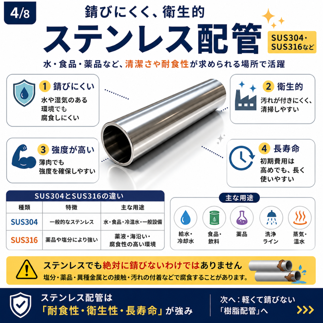 ステンレス配管の特徴とSUS304・SUS316の違い