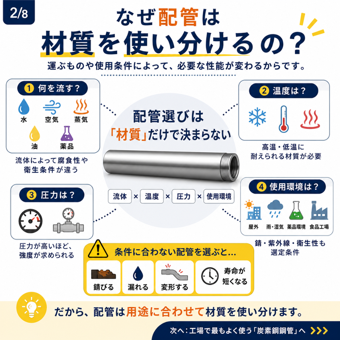 なぜ配管は材質を使い分けるのか。流体・温度・圧力・使用環境の4つの選定条件